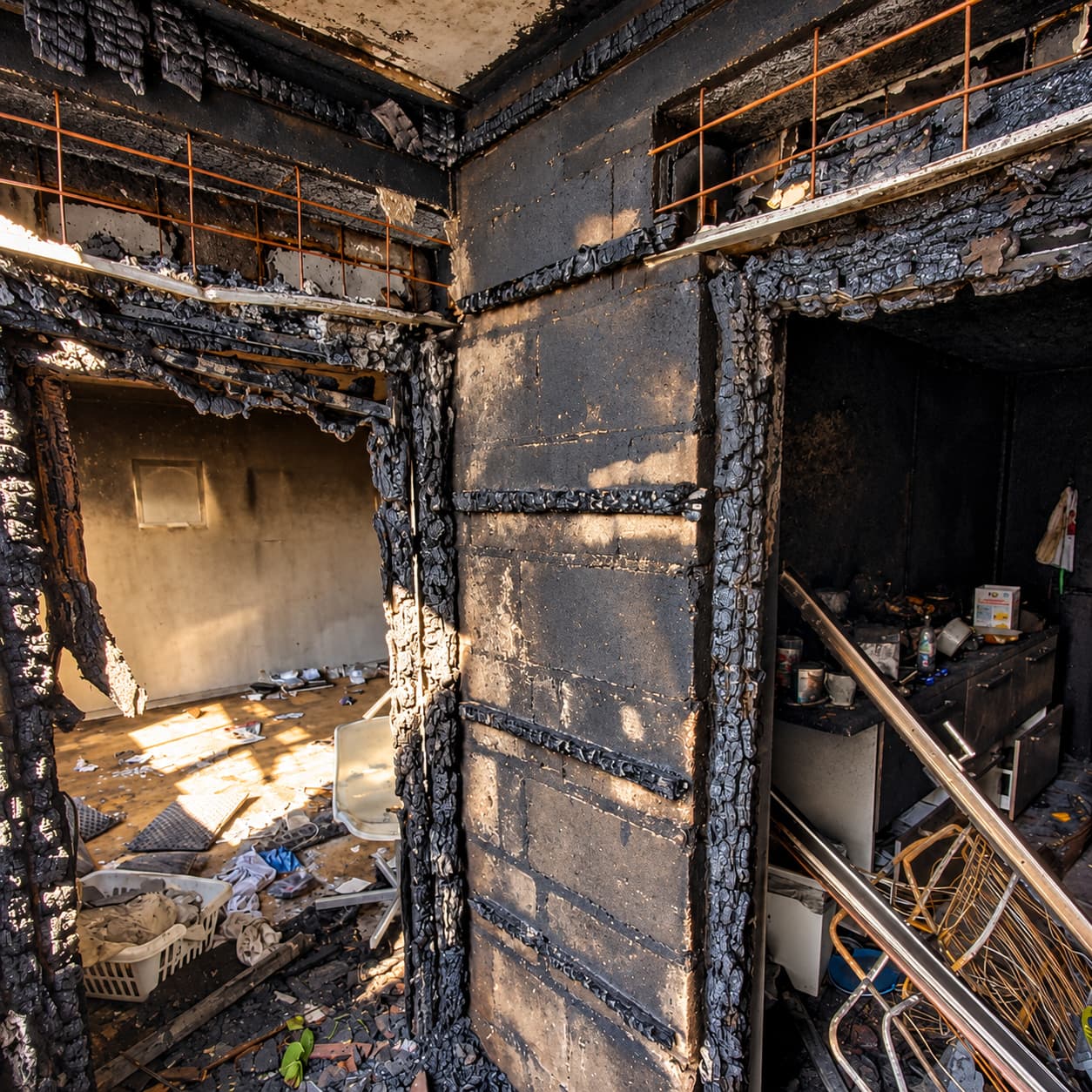 Ausgebrannter Innenraum mit verrußten Wänden nach einem Brandschaden